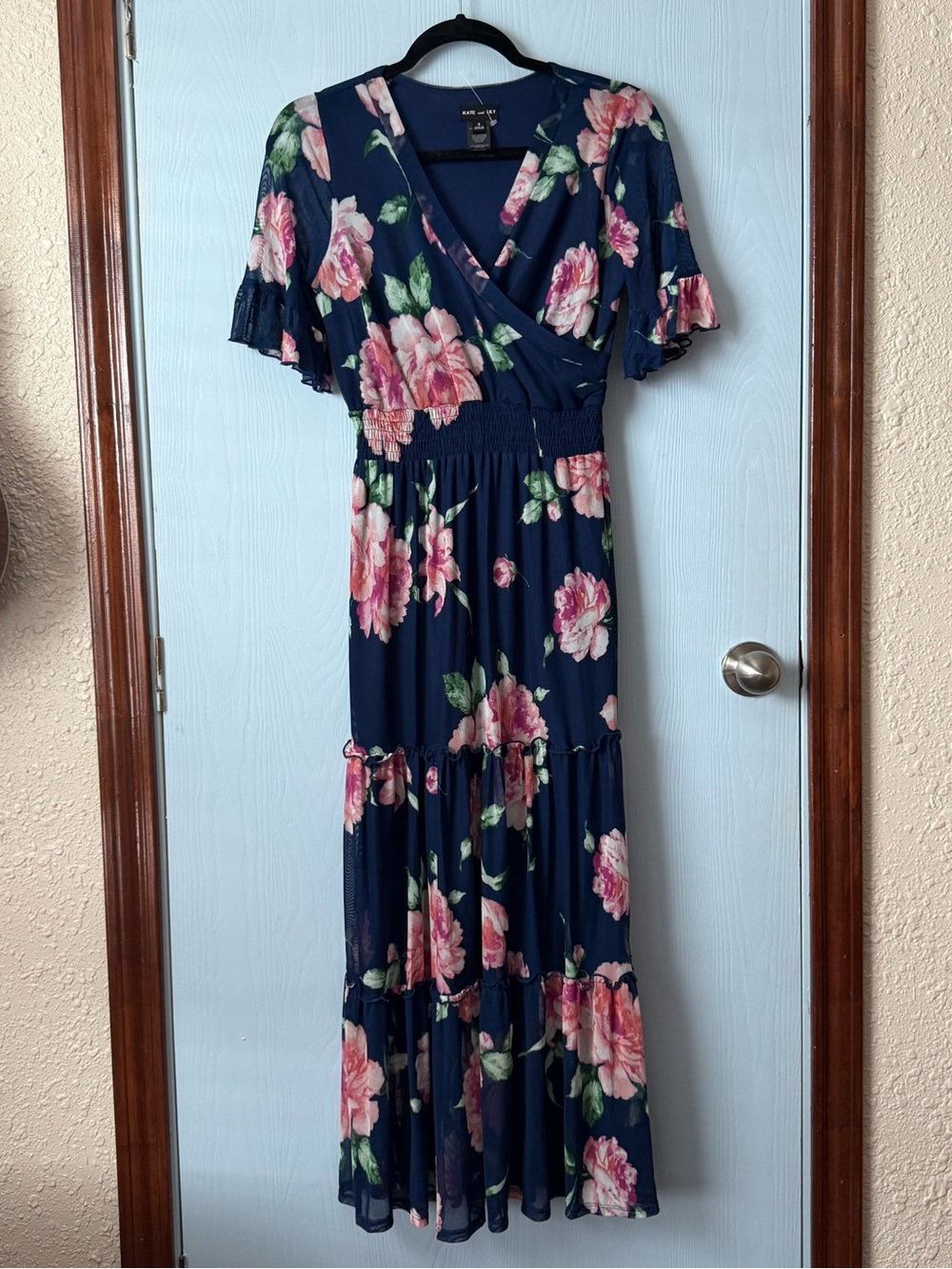 Navy Floral Midi Dress with Pink Rose Print